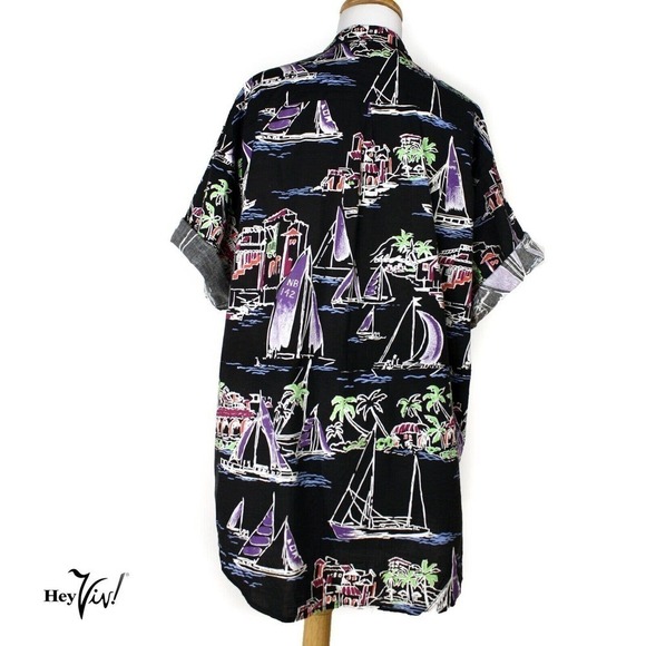 Vintage Newport Blue Hawaiian Shirt Tropical Sail Boat Print Black XL - Hey Viv - Picture 4 of 7